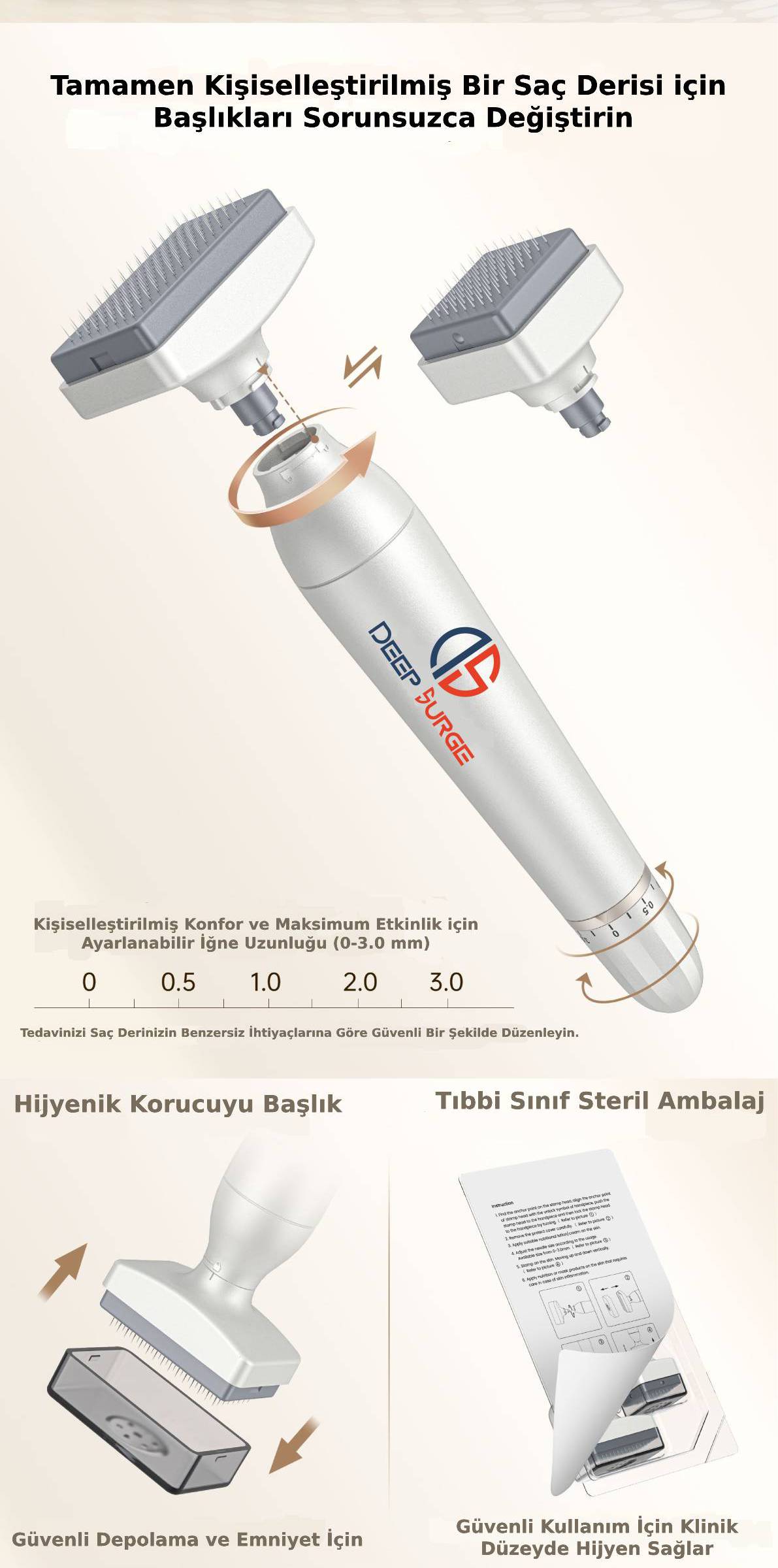 Değiştirilebilir Başlıklı Ayarlanabilir Titanyum İğne Ölçülü Dermastamp